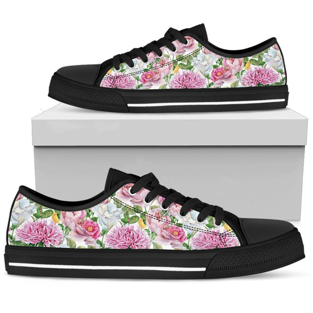 Watercolor Floral Women's Low Top Shoes Black-6teenth Worldโข-Women's Low Top Shoe-US5.5 (EU36)-Vibe Cosyโข