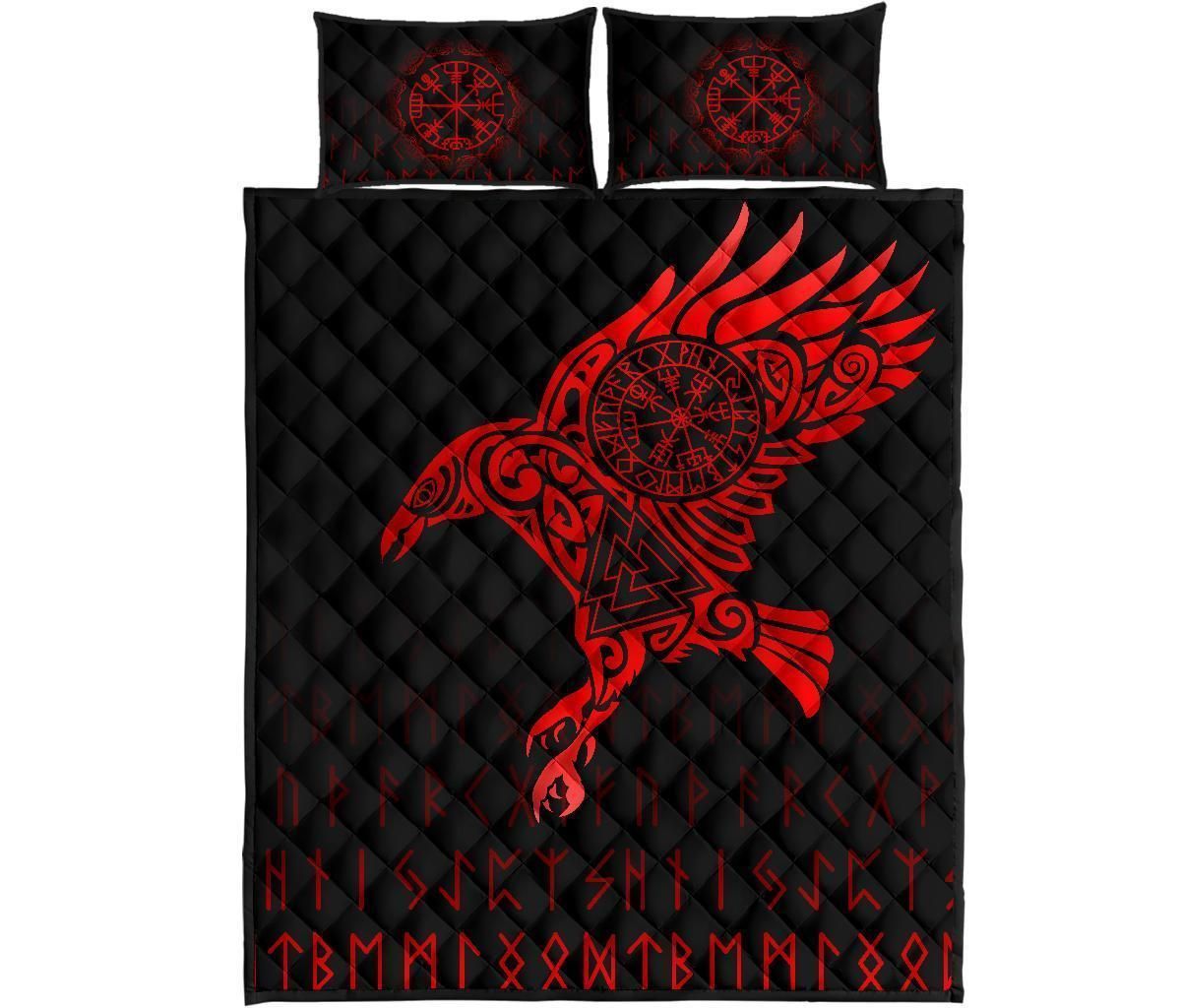 Viking Quilt Bed Set - Raven VegvisirValknut Rune V1-Amaze Styleโข-Quilt Bed Set-Twin-Black-Vibe Cosyโข