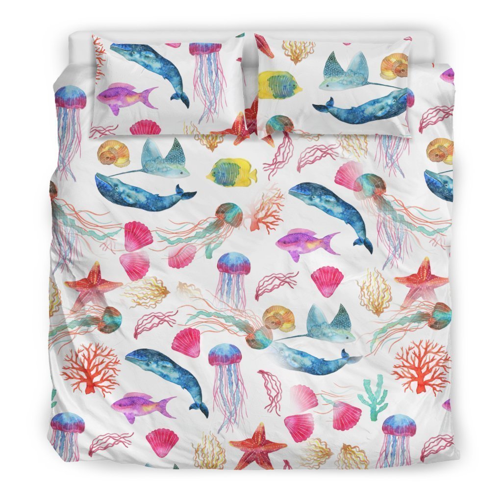 Watercolor Ocean Bedding Set with Whales and Fish-6teenth Worldโข-Bedding Set-US King-Vibe Cosyโข