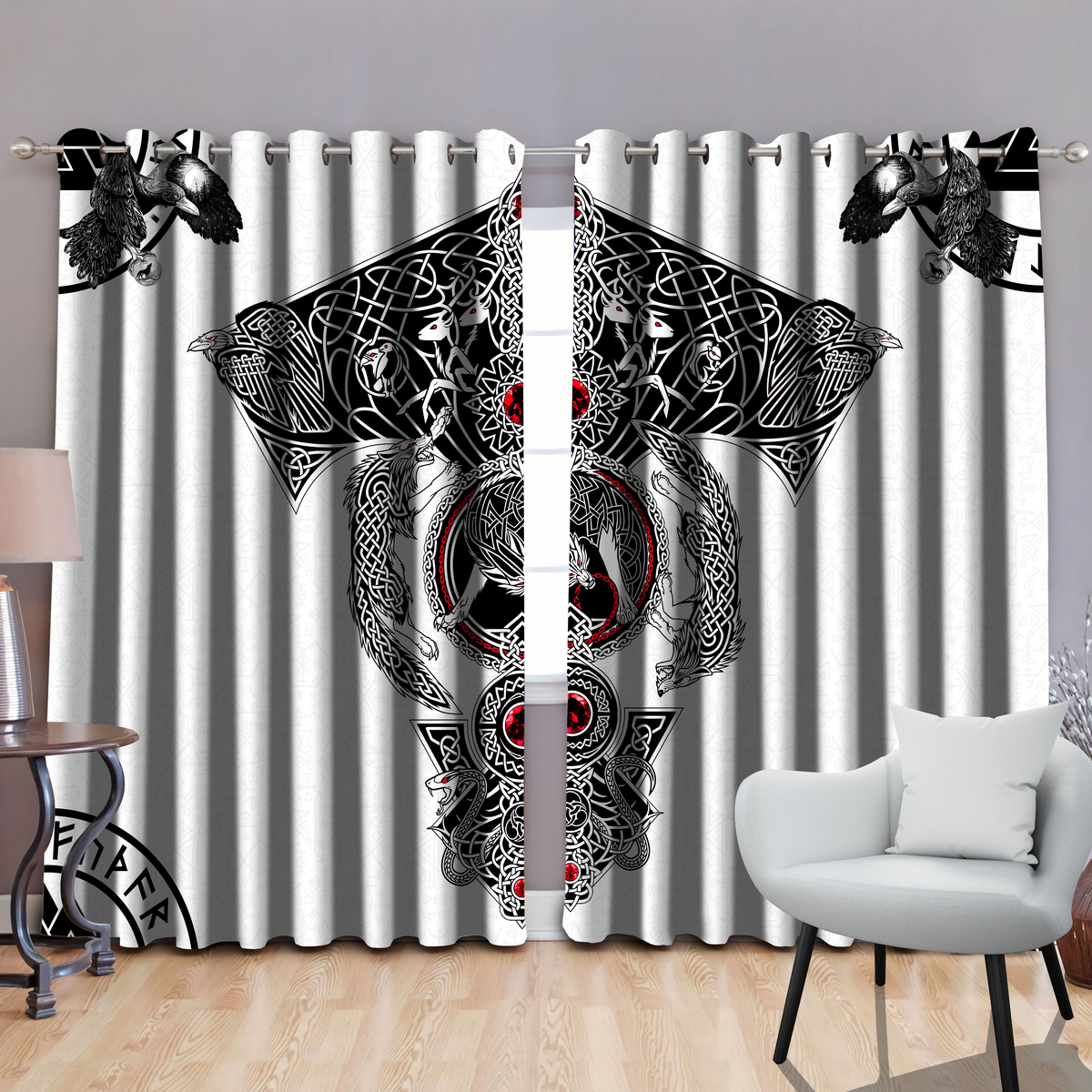 Vikings - Odin's Ravens Fenrir Skoll And Hati Valknut Thermal Grommet Window Curtains-Curtains-HP Arts-52'' x 63''-Vibe Cosy™