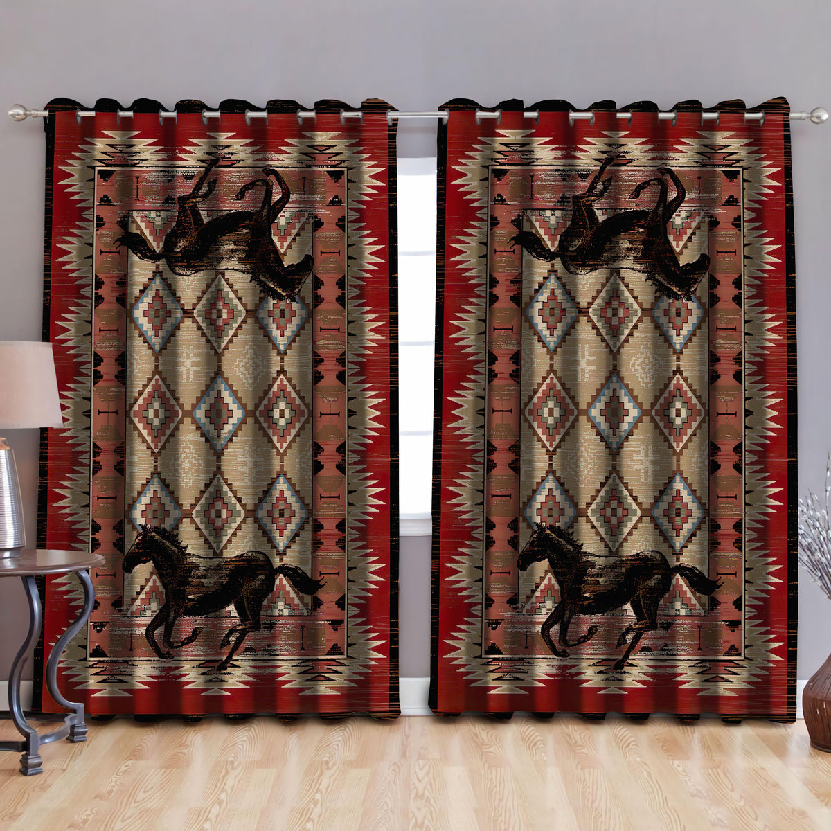 Native American Horses Pattern Blackout Thermal Grommet Window Curtains Pi30052017-Curtains-MP-52'' x 63''-Vibe Cosy™