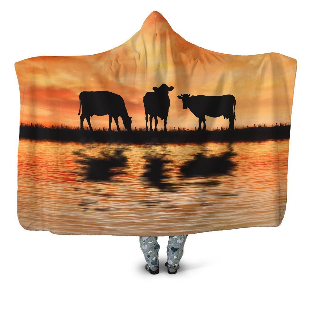 Sunset and Cow Hoodie Blanket-Apparel-HD09-Hooded Blanket-Youth 49.6x59.05-Vibe Cosyβ’