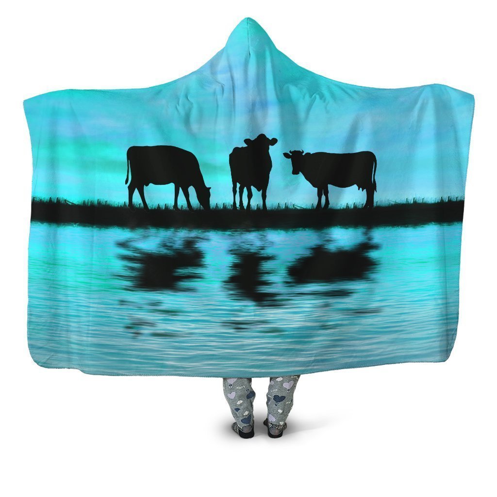 Sunset and Cow Blue Backgroud Hoodie Blanket-Apparel-HD09-Hooded Blanket-Youth 49.6x59.05-Vibe Cosyβ’