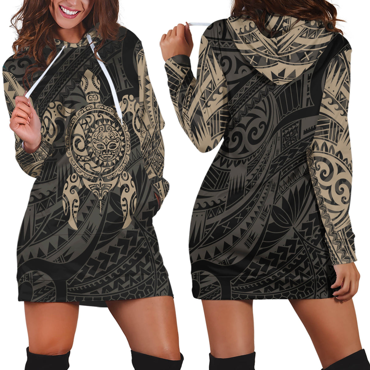 Turtle Maori Tattoo All Over Hoodie Dress Yellow-Apparel-HD09-Hoodie Dress-S-Vibe Cosy™
