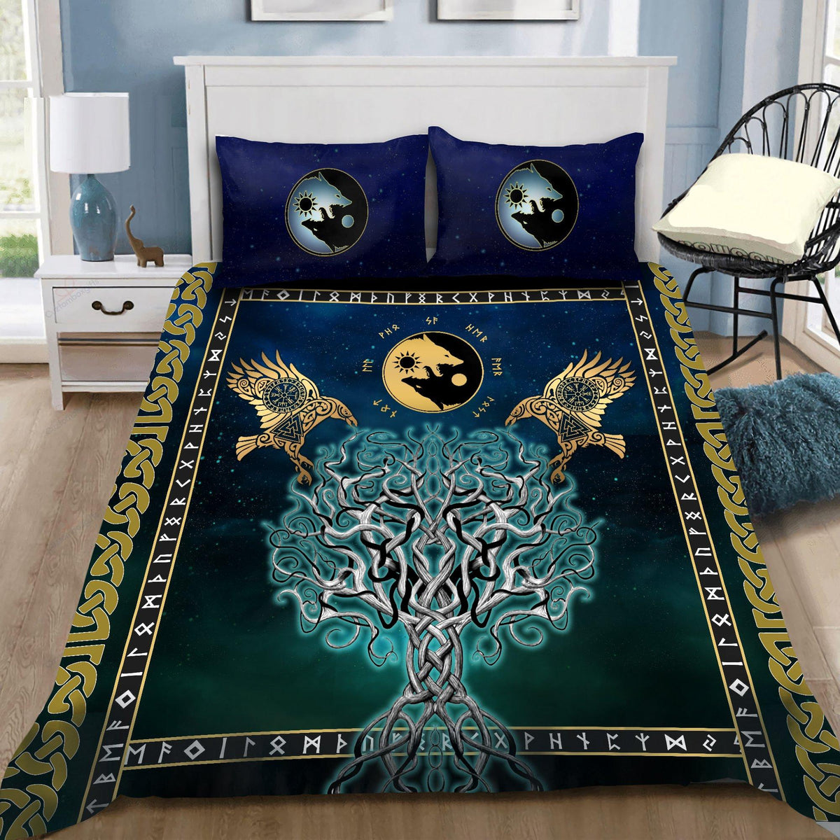 Viking Bedding Set, Tree Of Life Fenrir Skoll And Hati Raven Rune