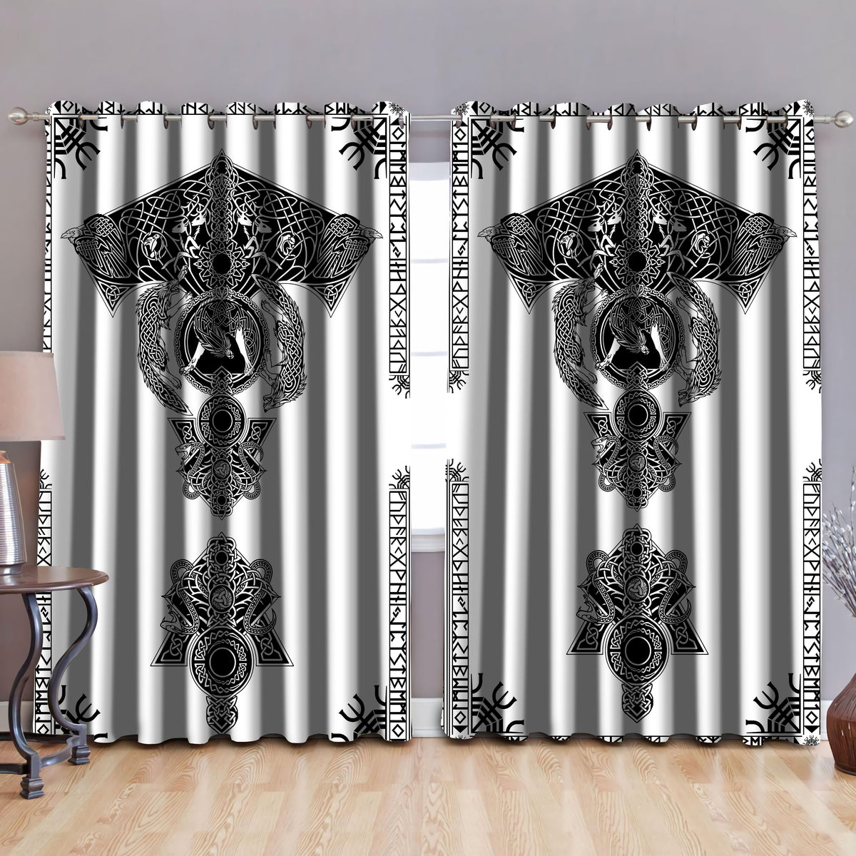 Viking Tattoo Blackout Thermal Grommet Window Curtains-Curtains-HP Arts-52'' x 63''-Vibe Cosy™