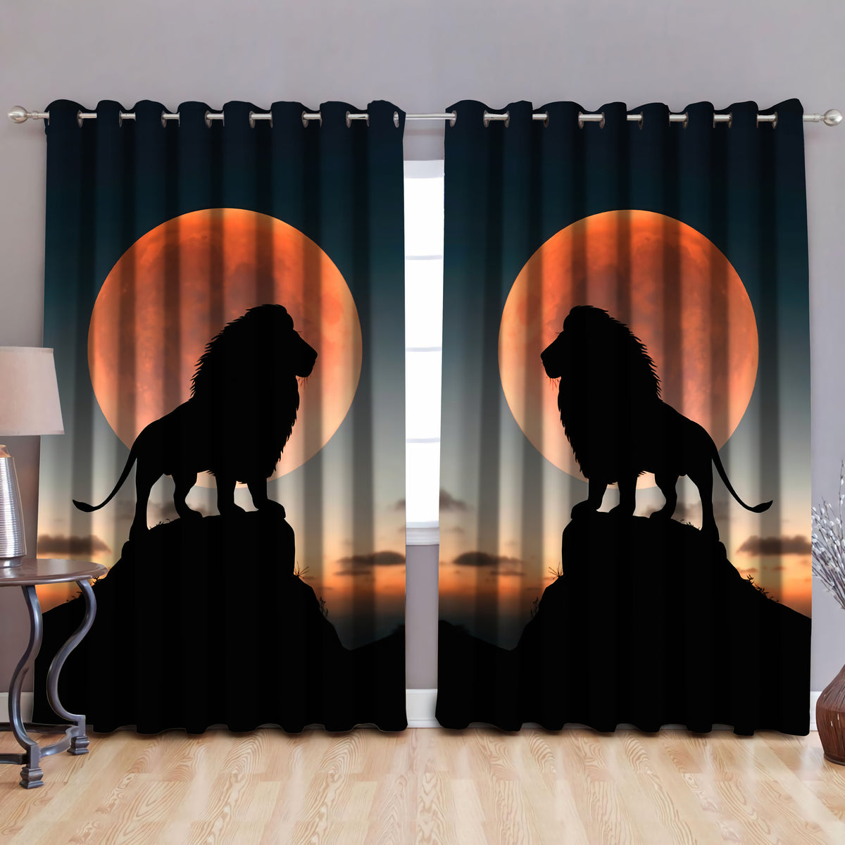Lion in Sunset Window Curtains