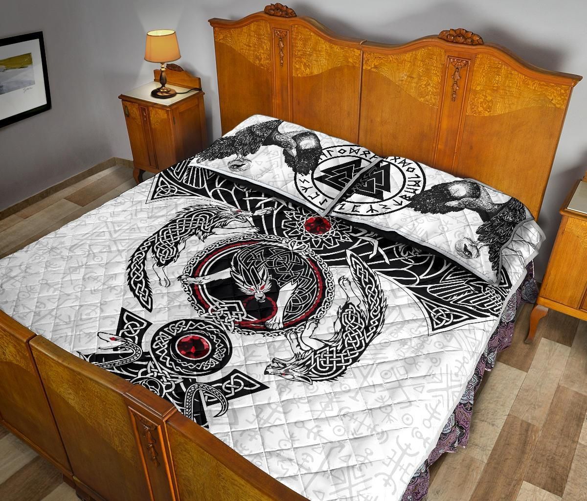 Viking Quilt Bed Set Odin's Ravens Fenrir Skoll And Hati Valknut-Amaze Style™-Quilt Bed Set-Twin-White-Vibe Cosy™