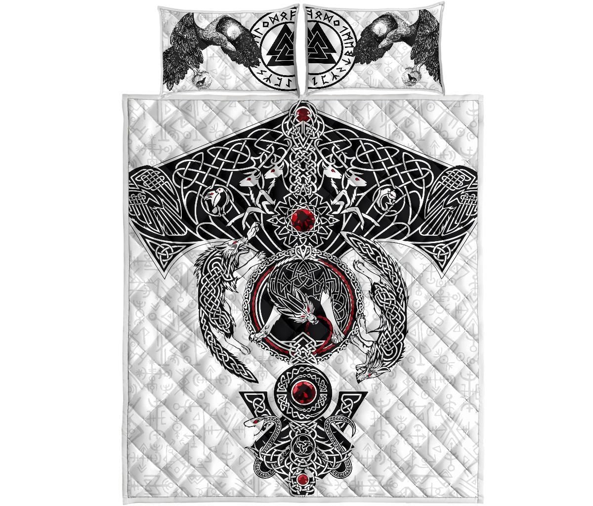 Viking Quilt Bed Set Odin's Ravens Fenrir Skoll And Hati Valknut-Amaze Style™-Quilt Bed Set-Twin-White-Vibe Cosy™