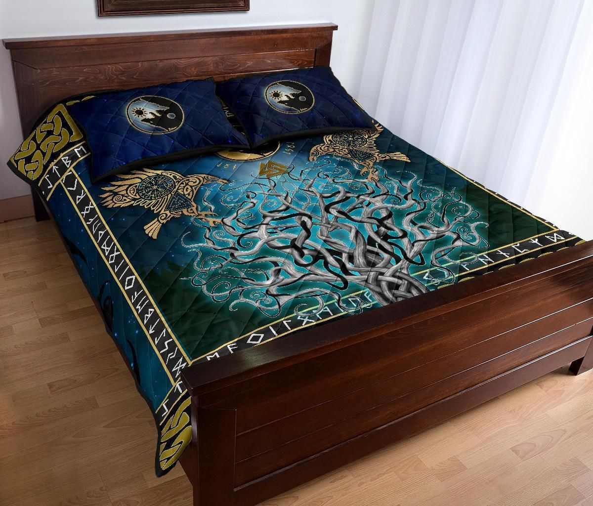 Viking Quilt Bed Set, Tree Of Life Fenrir Skoll And Hati Raven Rune-Amaze Style™-Quilt Bed Set-Twin-Black-Vibe Cosy™