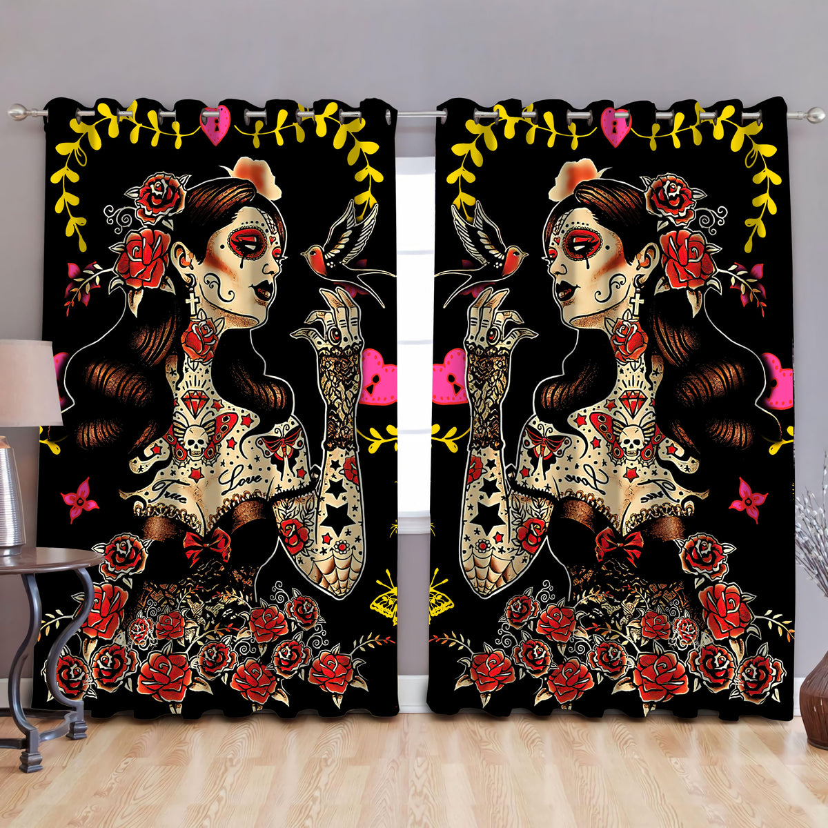 Tattoo Skull Girl Curtains DQB07302003-TQH-Curtains-TQH-52'' x 63''-Vibe Cosy™