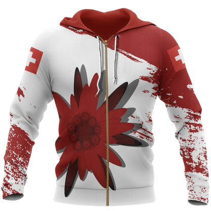 Switzerland - Red Edelweiss Pullover Hoodie NNK3-Apparel-NNK-Zip-S-Vibe Cosy™