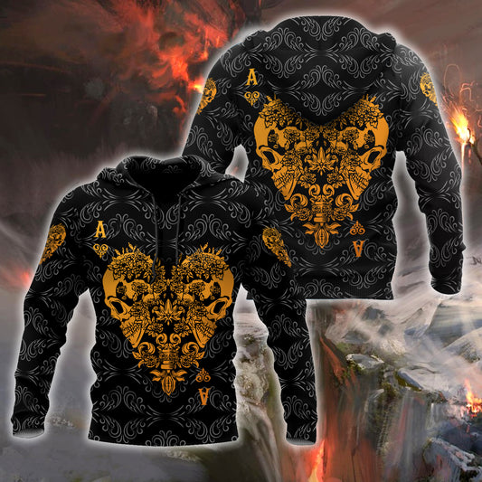 3D Ace Heart Skull Poker Over Printed Hoodie