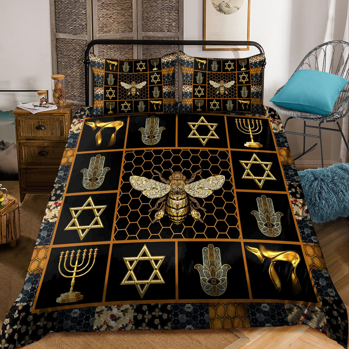 Bee And Jewish Symbols All Over Printed Bedding Set MEI