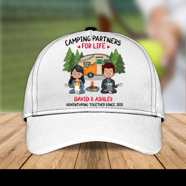 Camping Partner For Life Chibi Couple Personalized Cap, Best Gift For Couples