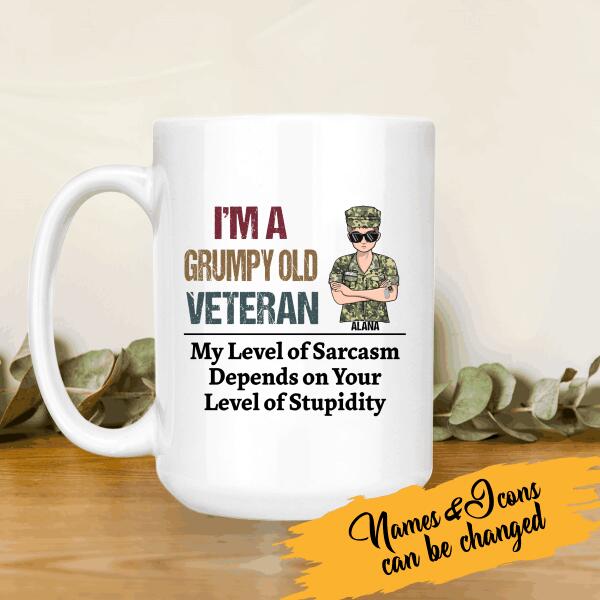 I'm A Grumpy Old Veteran Woman My Level Of Sarcasm Personalized T-Shirt, Mug, Best Gifts For Veterans Day