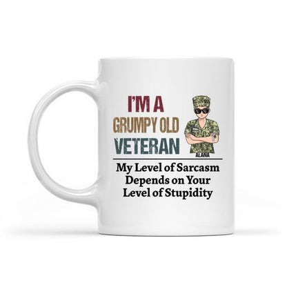 I'm A Grumpy Old Veteran Woman My Level Of Sarcasm Personalized T-Shirt, Mug, Best Gifts For Veterans Day