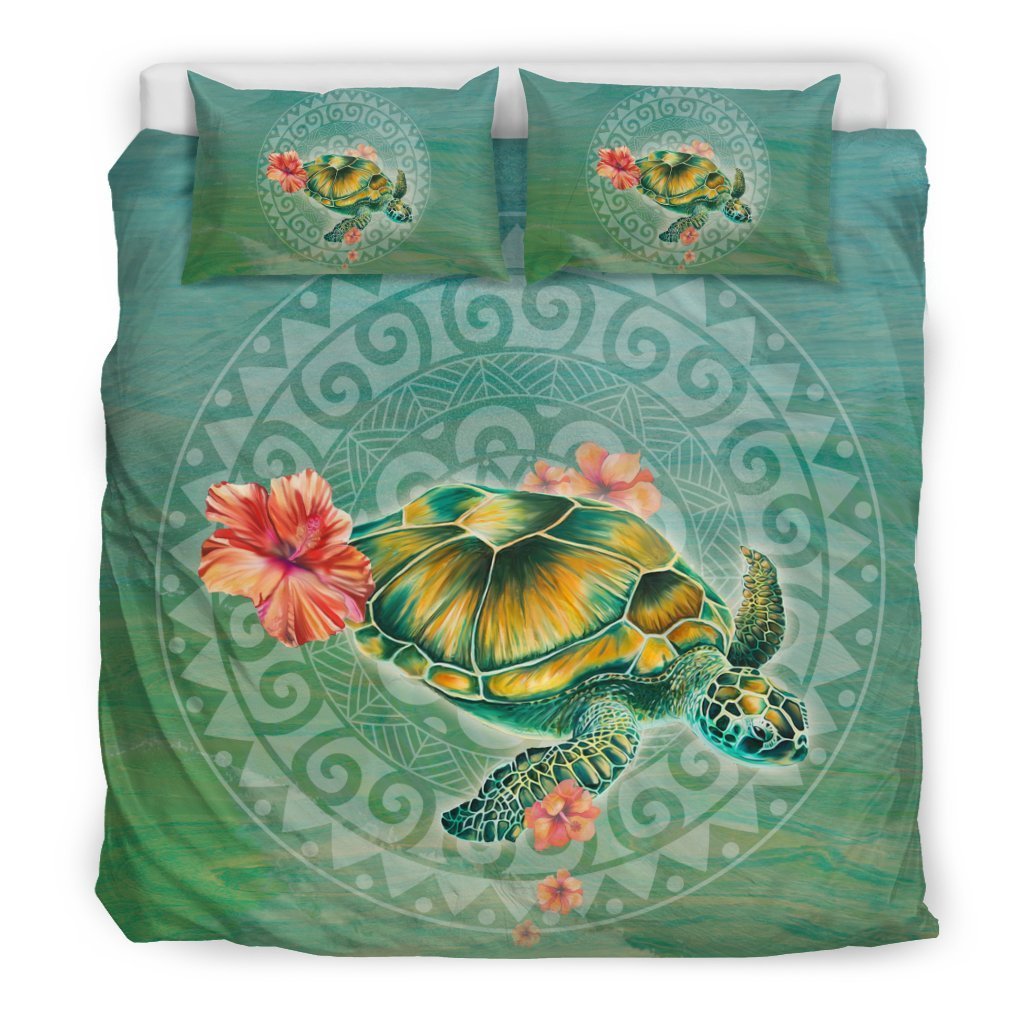 Hawaii Sea Turtle And Hibiscus Duvet Cover - AH-BEDDING SETS-Alohawaii-US King-Black-Polyester-Vibe Cosy™