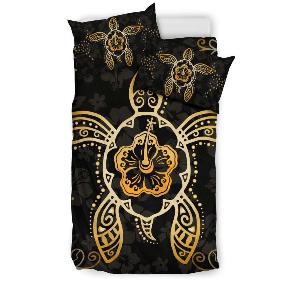 Hawaii Golden Turtle And Hibiscus Bedding Set - AH-BEDDING SETS-Alohawaii-US Twin-Polyester-Black-Vibe Cosy™