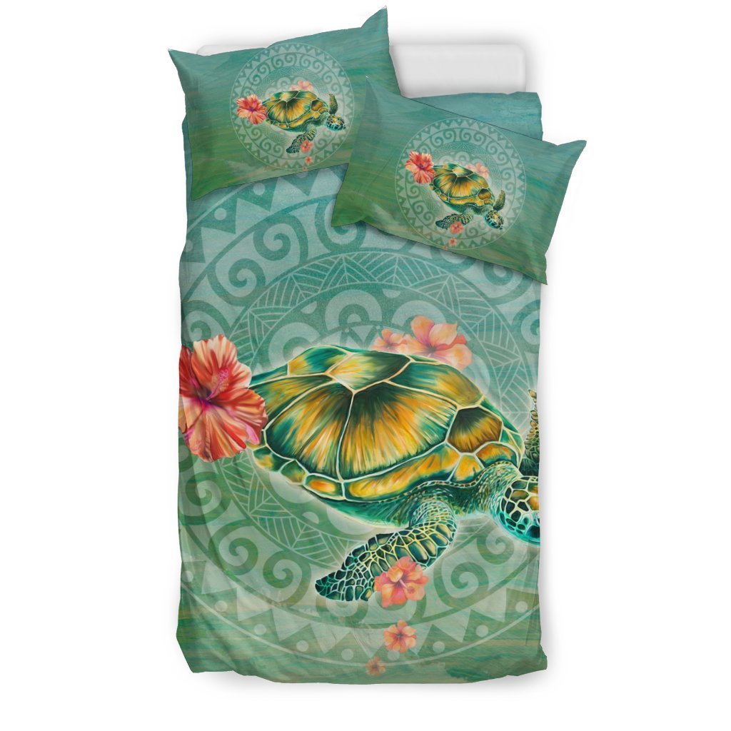Hawaii Sea Turtle And Hibiscus Duvet Cover - AH-BEDDING SETS-Alohawaii-US Twin-Black-Polyester-Vibe Cosy™