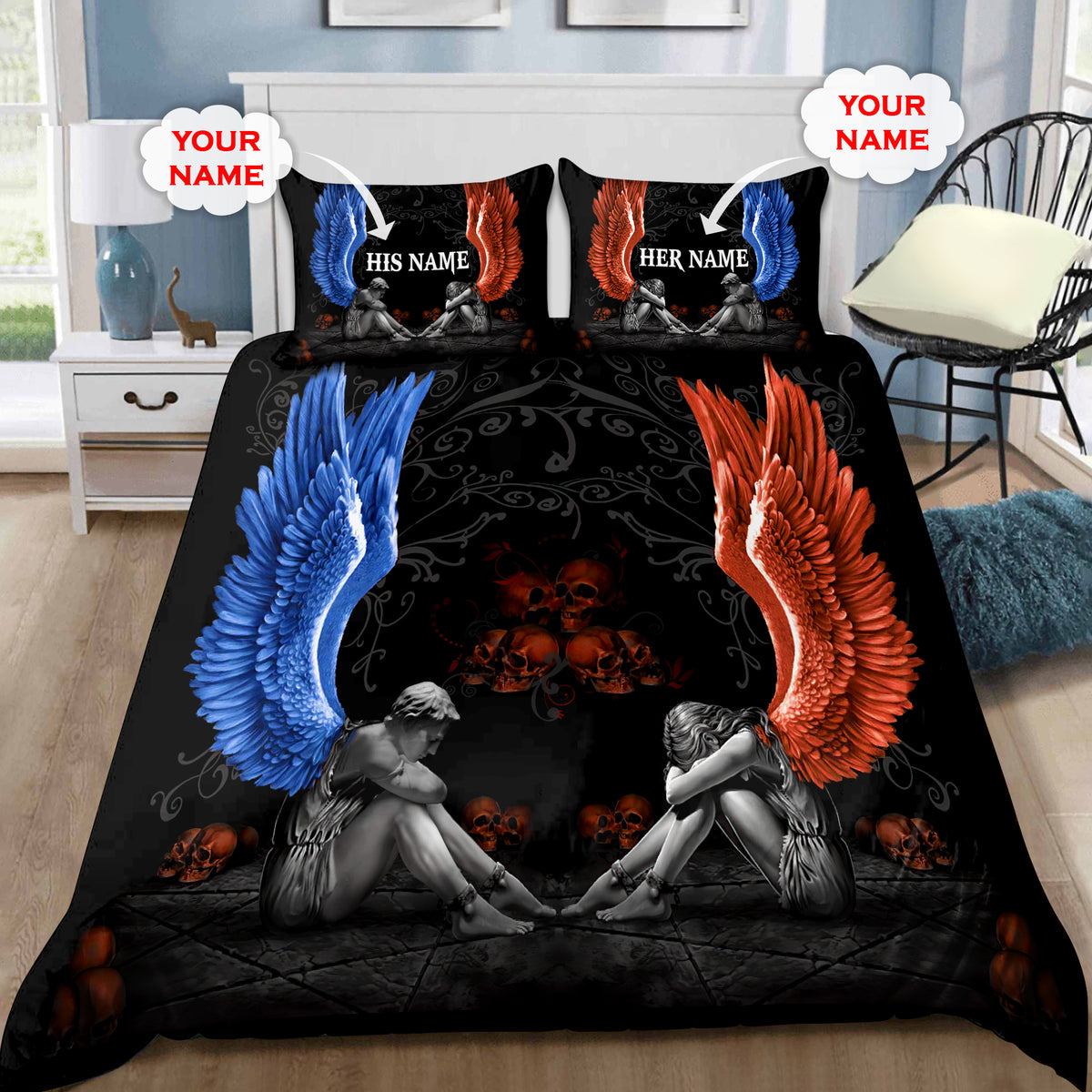 Customize Name Couple Skull Art Bedding Set