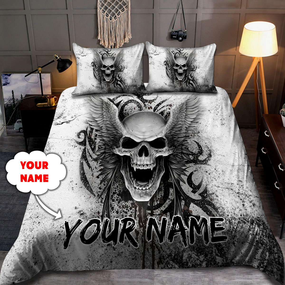 Customize Name Skull With Angel Wings Bedding Set DQB31052104