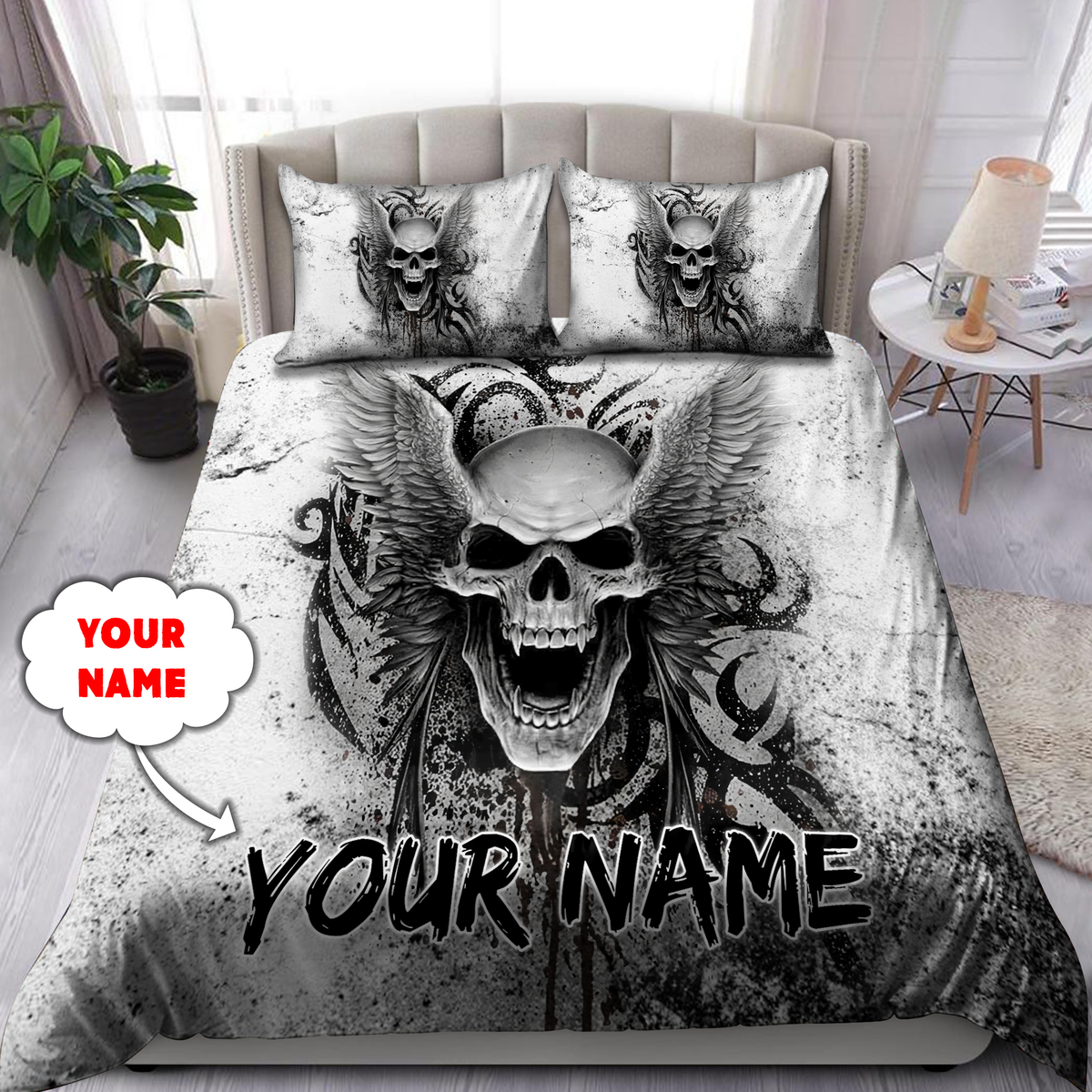 Customize Name Skull With Angel Wings Bedding Set DQB31052104