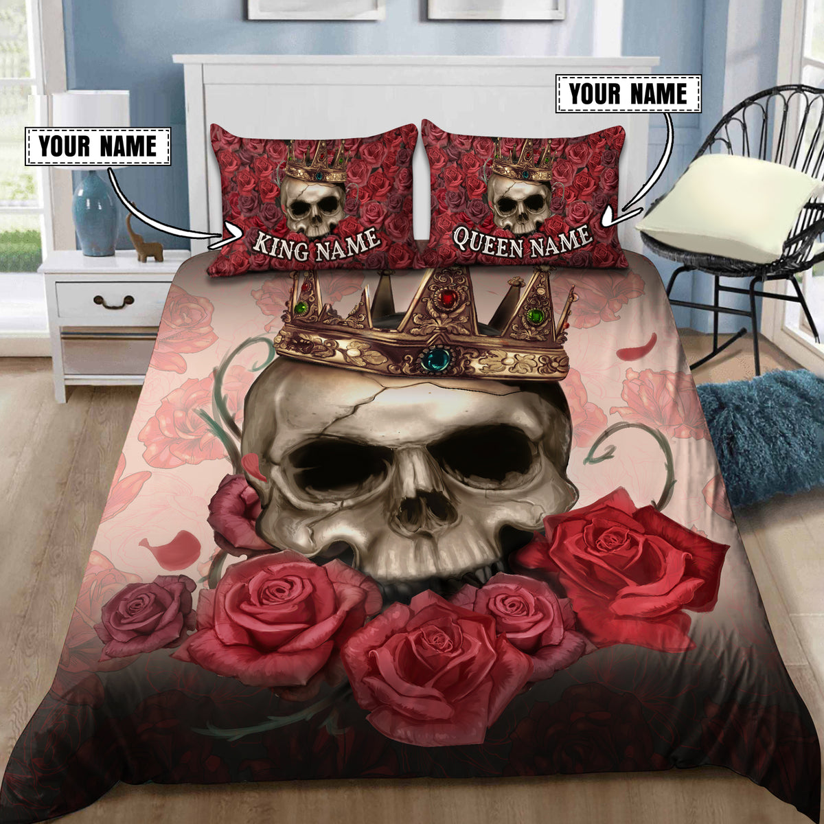 Customize Name Couple Skull Art Bedding Set