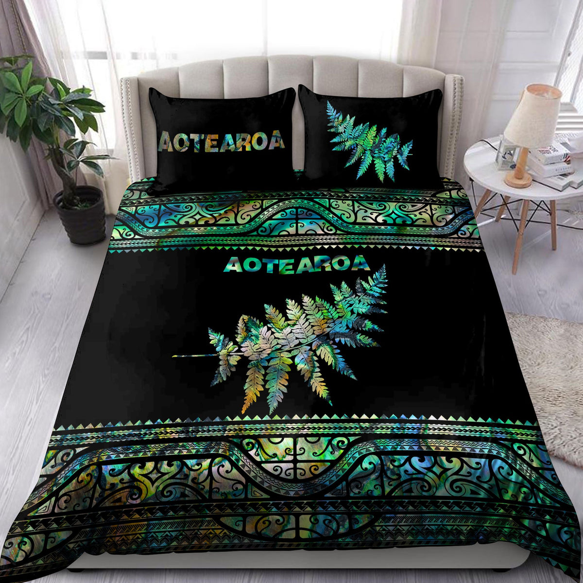 New Zealand Aotearoa Bedding Set Manaia Silver Fern Paua Shell Green Version ML