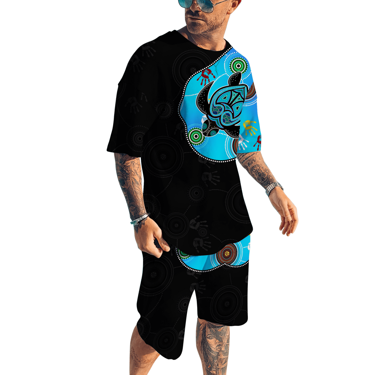 Aboriginal Art Blue Style Turtle Dreaming Paintings Combo T-Shirt Short
