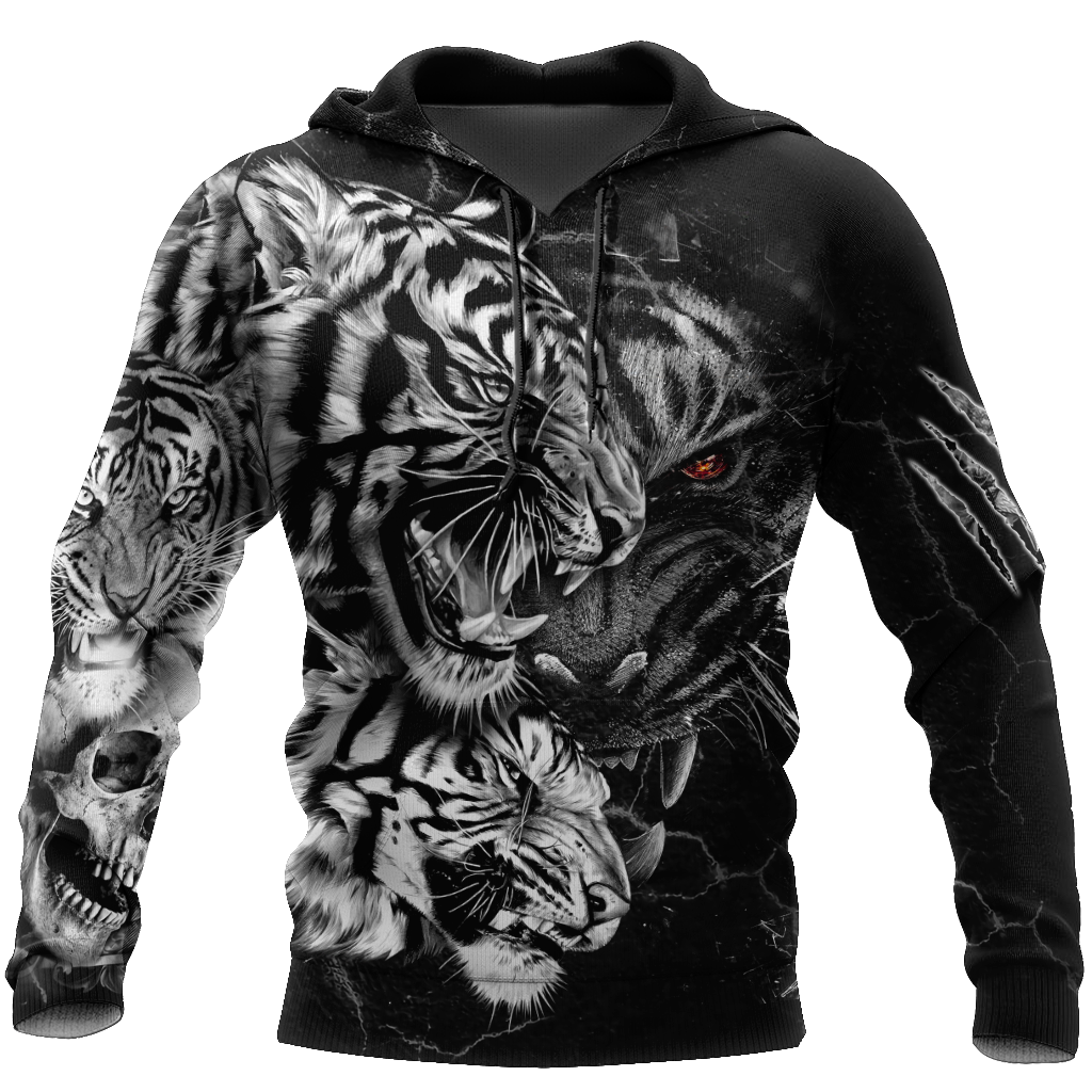 Tiger Black and White Tattoo Over Printed Hoodie for Men and Women