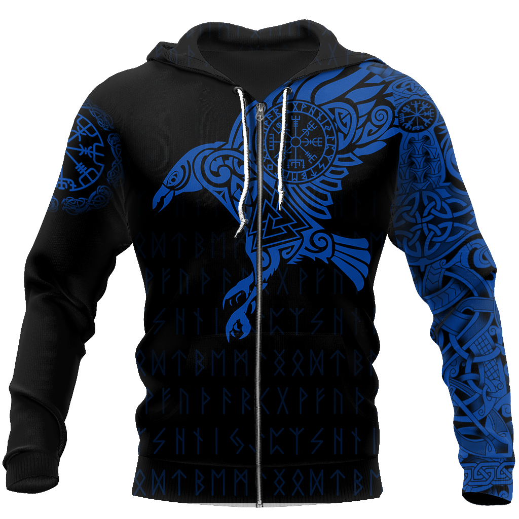 Vikings - The Raven of Odin Tattoo Blue-Apparel-HP Arts-Zipped Hoodie-S-Vibe Cosy™