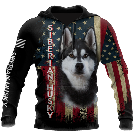Black Husky Siberian American Flag 3D All Over Print Hoodie