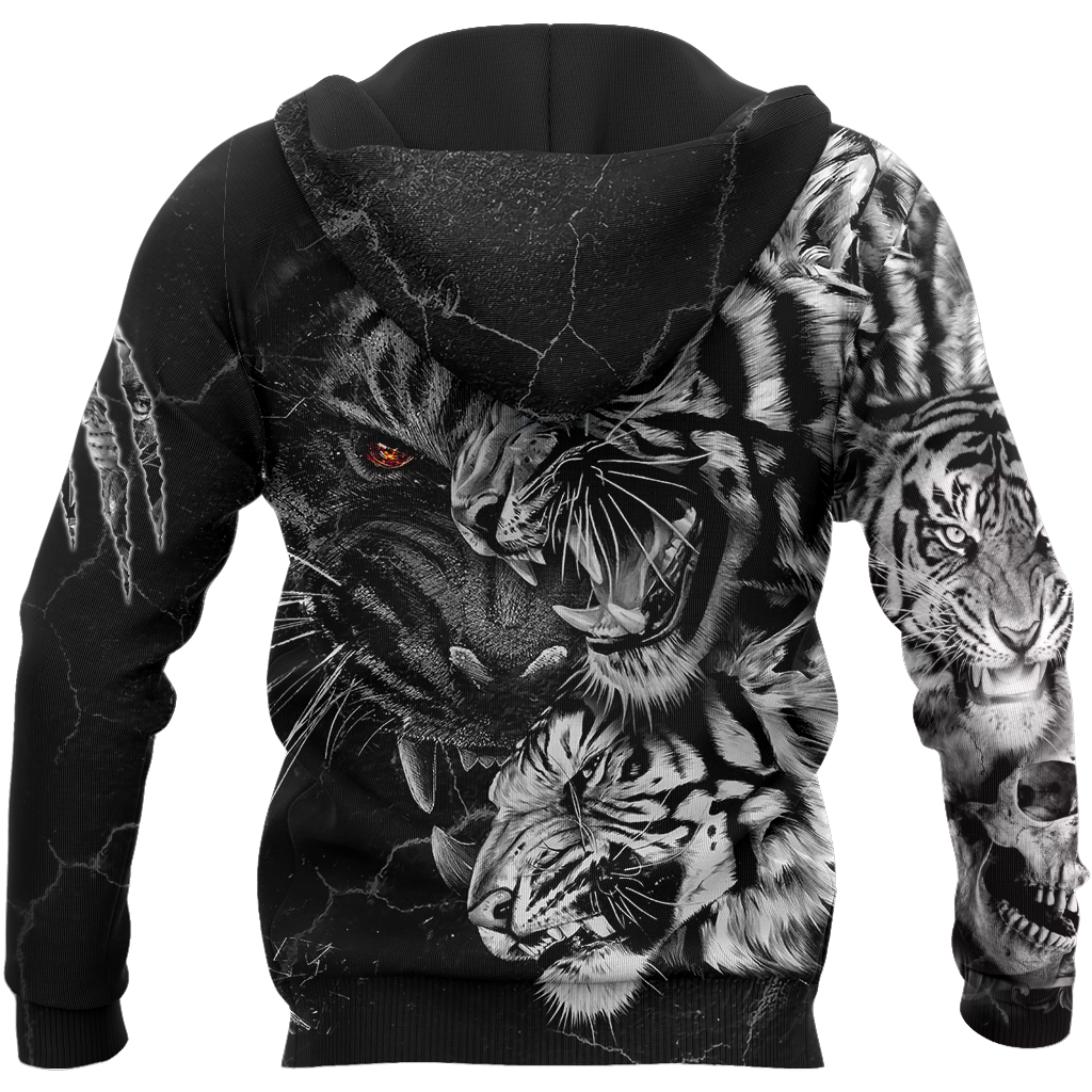 Tiger Black and White Tattoo Over Printed Hoodie for Men and Women