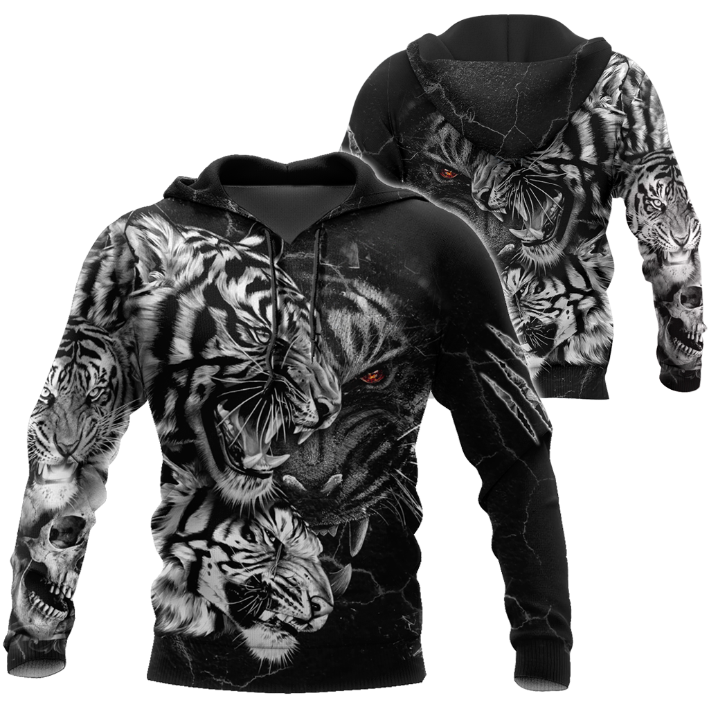 Tiger Black and White Tattoo Over Printed Hoodie for Men and Women