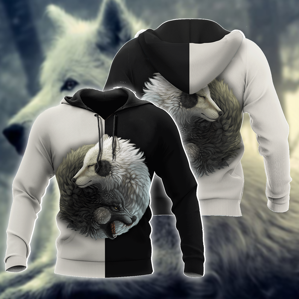 Wolf Yin and Yang 3D All Over Printed Unisex Deluxe Hoodie ML