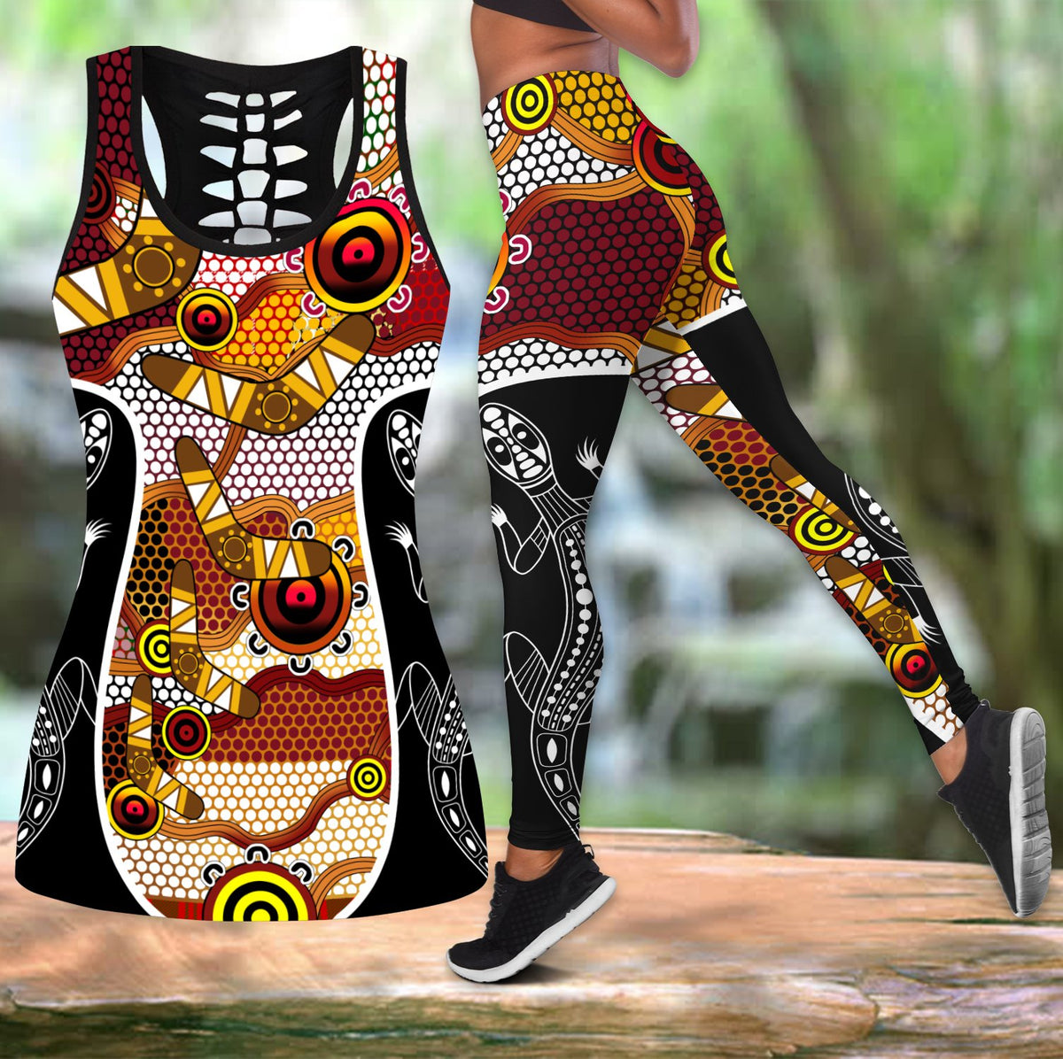 Aboriginal Lizard Dot Painting Boomerang Patterns Legging + Hollow Tank Combo