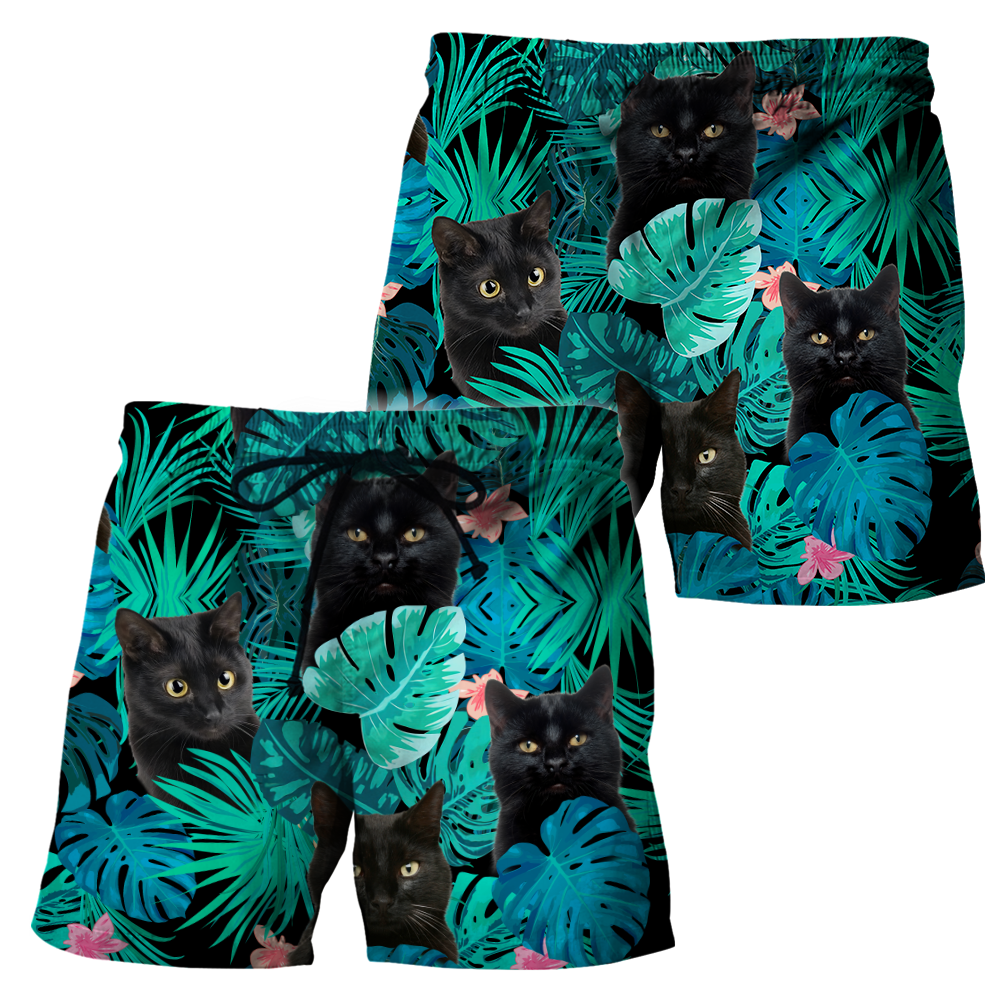 Black cat tropical leaves men's shorts HAC080701S-Apparel-HG-Shorts-S-Vibe Cosy™
