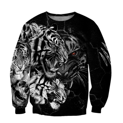 Tiger Black and White Tattoo Over Printed Hoodie for Men and Women