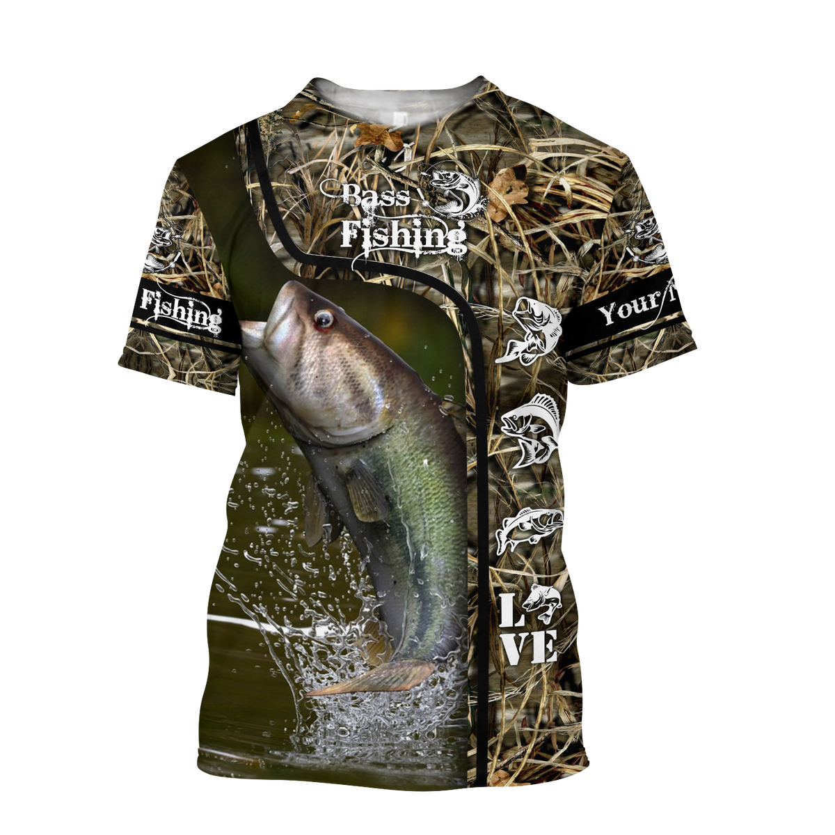 Custom name Bass Fishing water camo 3D print shirts