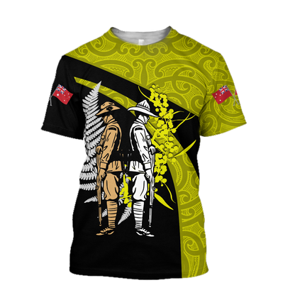 Anzac day the ode fern-wattle Australia and Kiwi Veteran yellow 3D print shirt