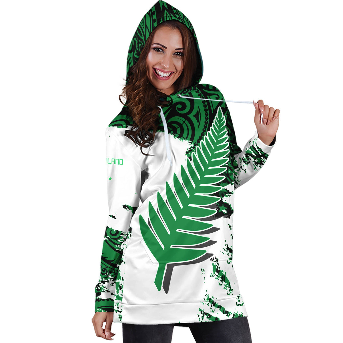 New Zealand Maori Fern Green Edition Hoodie Dress-Apparel-HD09-Hoodie Dress-S-Vibe Cosy™