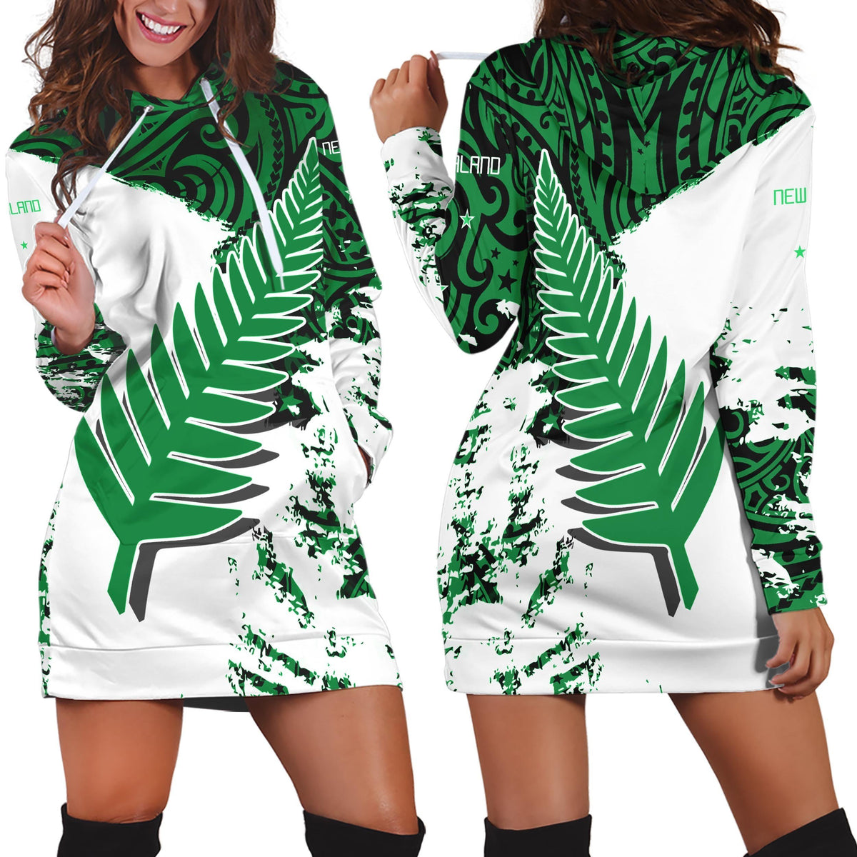 New Zealand Maori Fern Green Edition Hoodie Dress-Apparel-HD09-Hoodie Dress-S-Vibe Cosy™