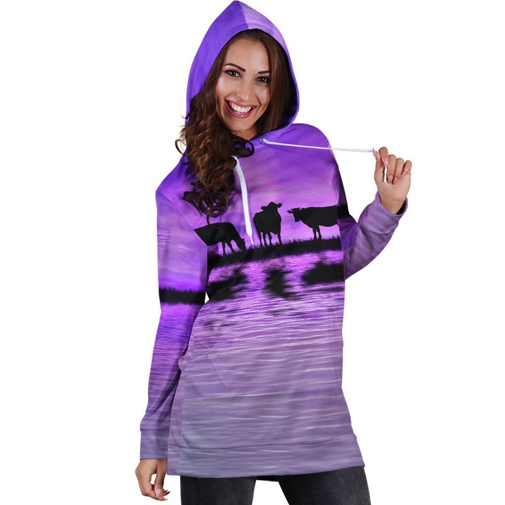 Sunset and Cow Violet Backgroud Hoodie Dress-Apparel-HD09-Hoodie Dress-S-Vibe Cosy™