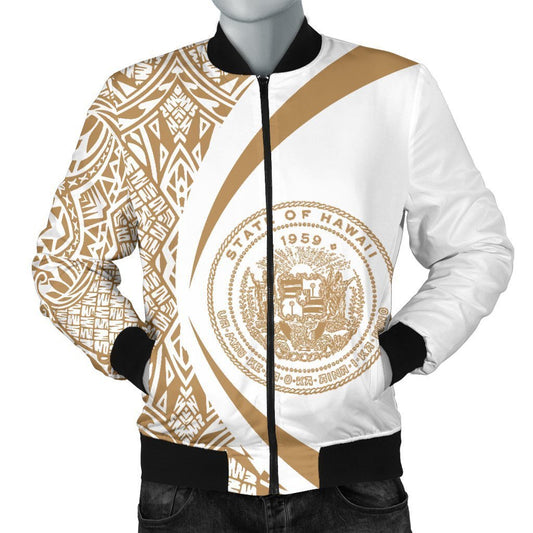 Hawaii Coat Of Arm Polynesian Men's Bomber Jacket - Circle Style 05 - AH - J1-BOMBER JACKETS (P)-Phaethon-Men's Bomber Jacket-S-White-Vibe Cosy™