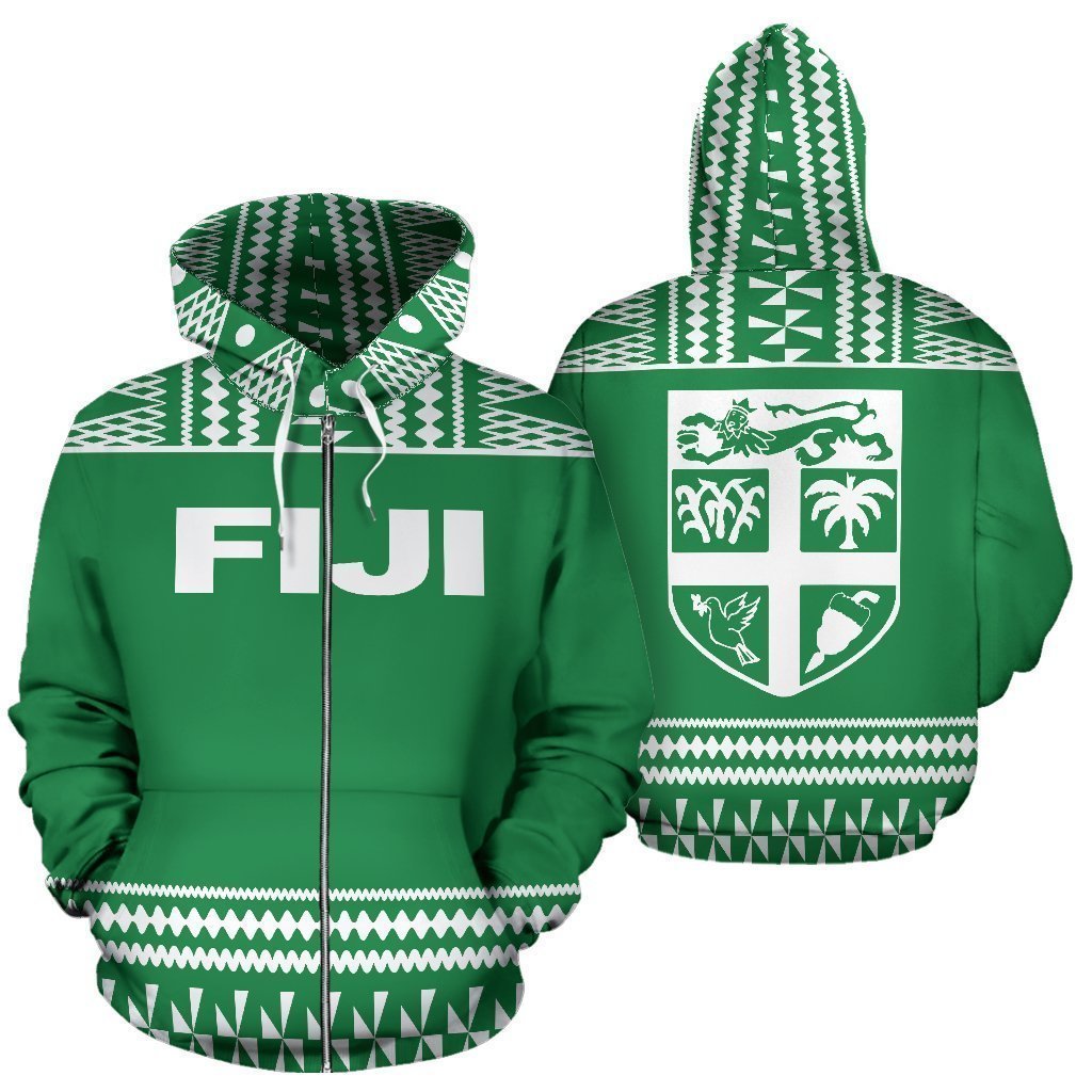 Fiji Tapa All Over Zip-Up Hoodie - Green And White Version - BN09-Apparel-Khanh Arts-Zipped Hoodie-S-Vibe Cosy™
