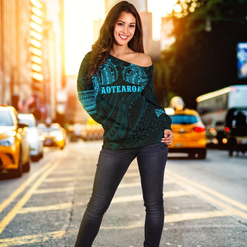 Aotearoa Maori Tattoo Off Shoulder Sweater Blue K4-WOMENS OFF SHOULDER SWEATERS-HD09-Women's Off Shoulder Sweater - .-2XS-Vibe Cosy™