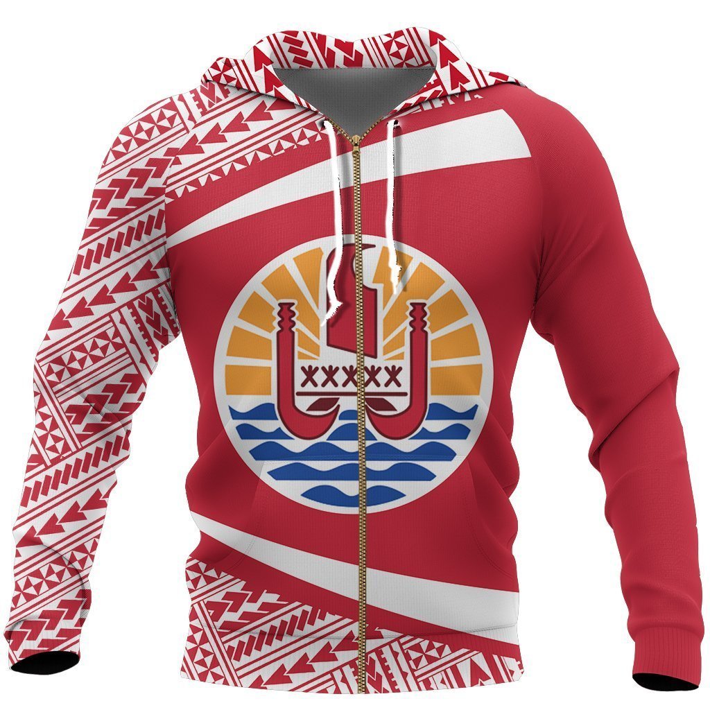 French Polynesia Coat Of Arms Hoodie - Circle Red Ver 2.0 J7-Apparel-Khanh Arts-Zipped Hoodie-S-Vibe Cosy™