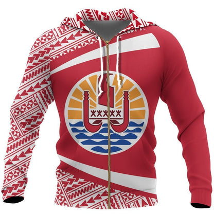 French Polynesia Coat Of Arms Hoodie - Circle Red Ver 2.0 J7-Apparel-Khanh Arts-Zipped Hoodie-S-Vibe Cosy™