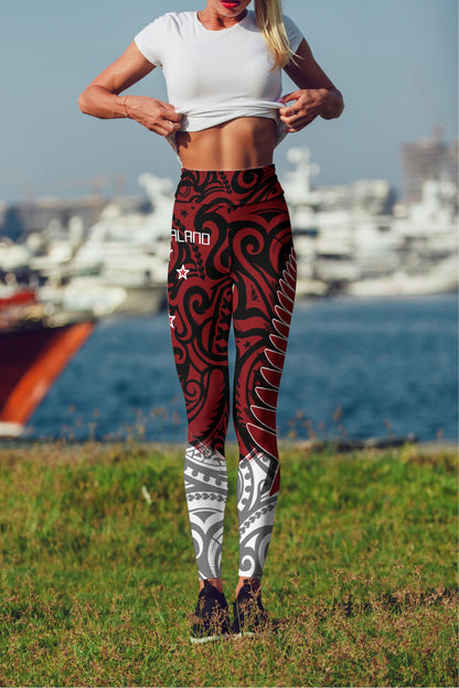 New Zealand Maori Fern Red Edition High Waist Leggings-Apparel-HD09-Legging-S-Vibe Cosy™